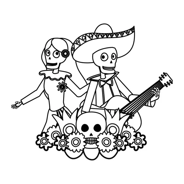 Catrina e mariachi crânios dançando e tocando guitarra — Vetor de Stock