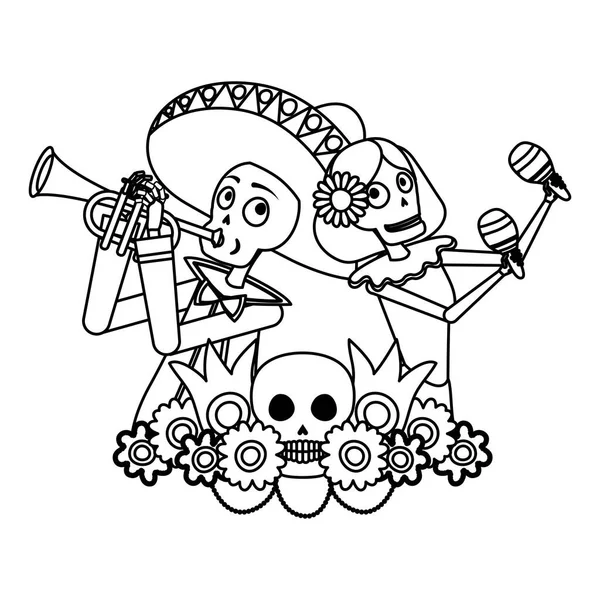 Catrina et mariachi jouant des personnages de trompette — Image vectorielle