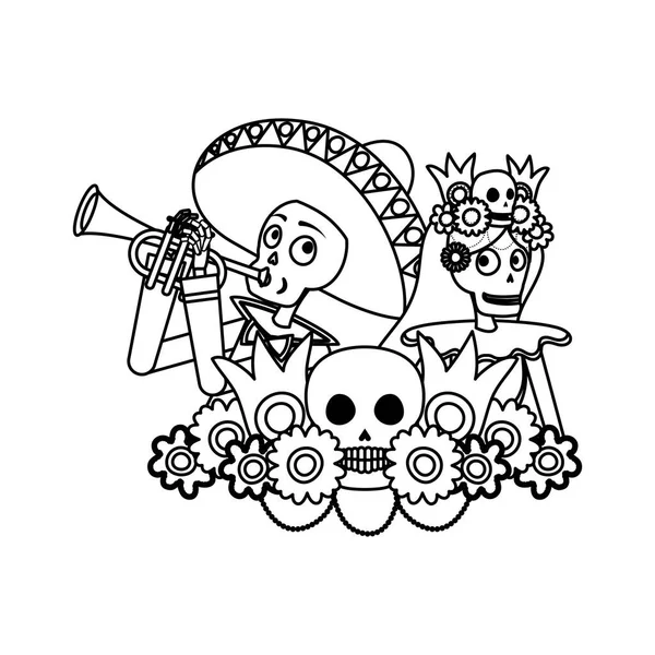 Catrina e mariachi tocando trompete personagens —  Vetores de Stock