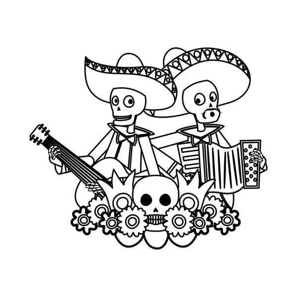 Crânios de mariachis mexicanos tocando guitarra e acordeão —  Vetores de Stock