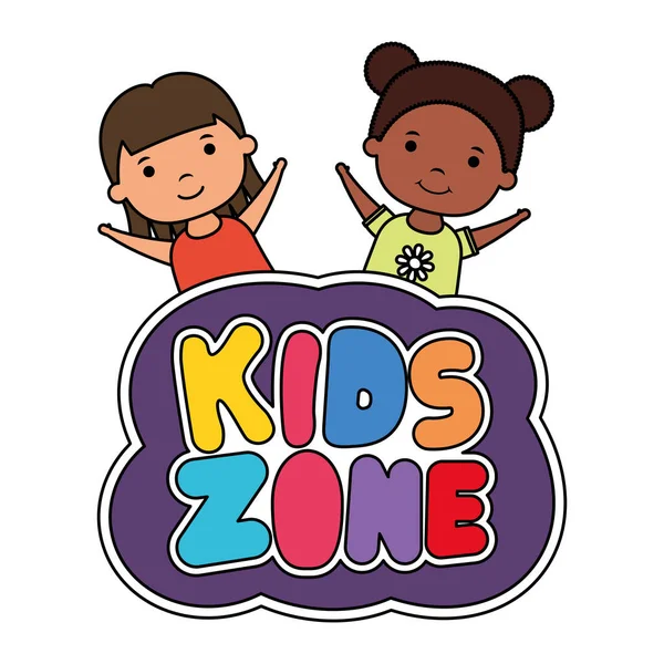 Cute little interracial girls with kids zone lettering — ストックベクタ