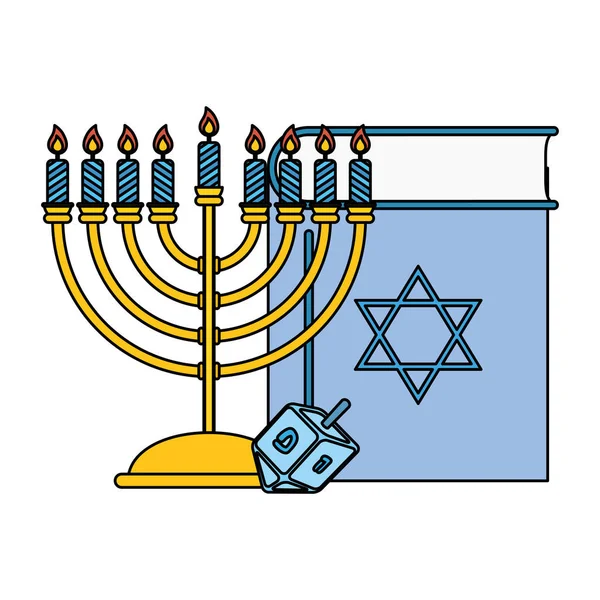 Happy hanukkah koran book with chandelier and pyrinola — Stock Vector