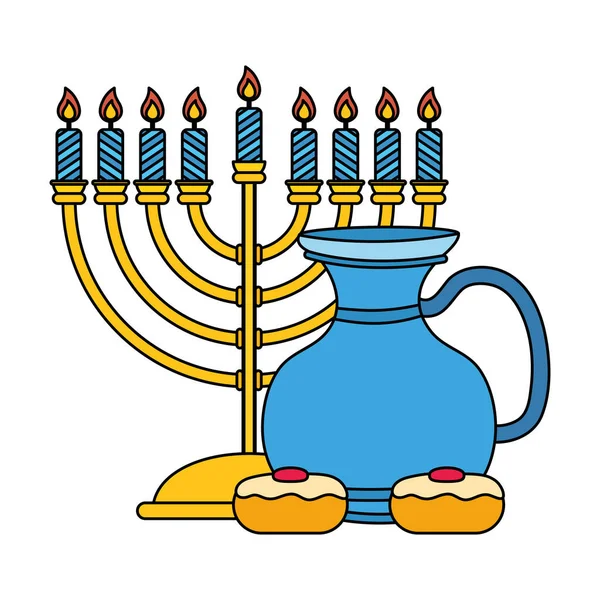 Frasco de tetera de hanukkah feliz con lámpara de araña y cupcakes — Vector de stock