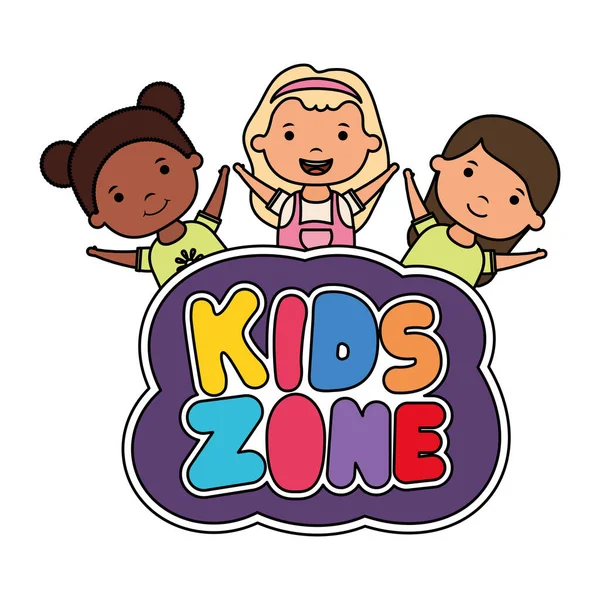 Cute little interracial girls with kids zone lettering — ストックベクタ