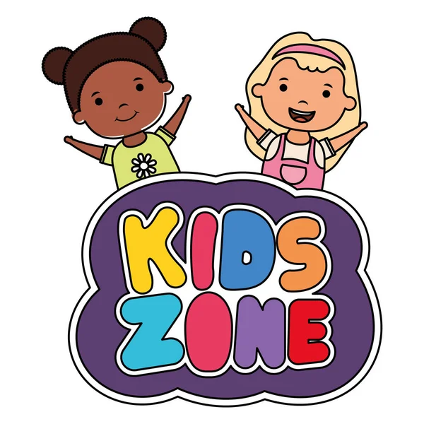 Cute little interracial girls with kids zone lettering — ストックベクタ
