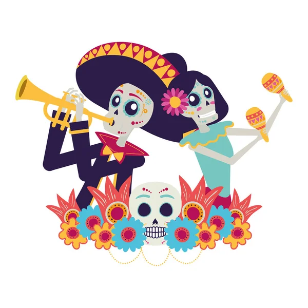 Catrina and mariachi playing trumpet characters — Stock Vector