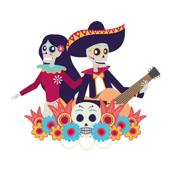 Crânes de catrina et mariachi dansant et jouant de la guitare — Image vectorielle