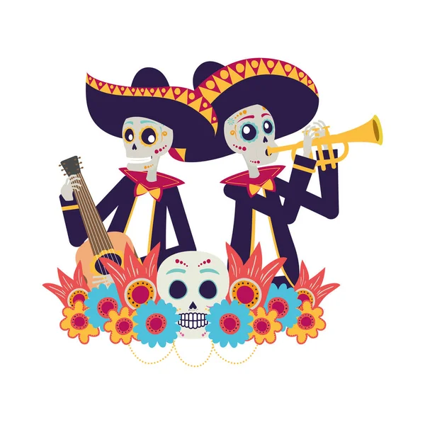 Crânes de mariachis mexicains jouant de la guitare et de la trompette — Image vectorielle