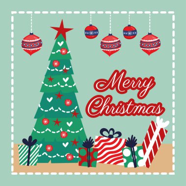 Mutlu noel kartları, çam ağaçları ve hediyeler