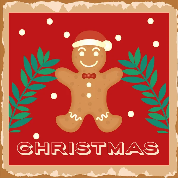 快乐快乐的圣诞贺卡和生姜饼干娃娃 — 图库矢量图片