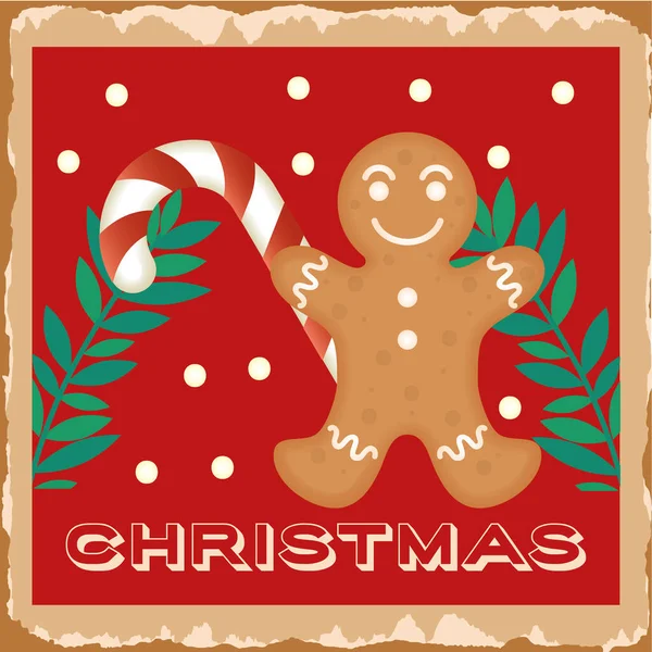Feliz feliz tarjeta de Navidad con muñeca de galleta de jengibre — Vector de stock