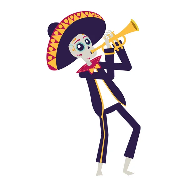 Mariachi crâne jouant trompette personnage comique — Image vectorielle