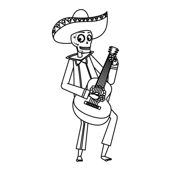 Mariachi crâne jouer de la guitare personnage comique — Image vectorielle