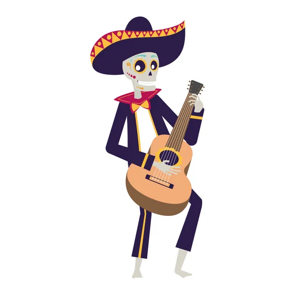 Mariachi skull playing guitar comic character — Stock Vector