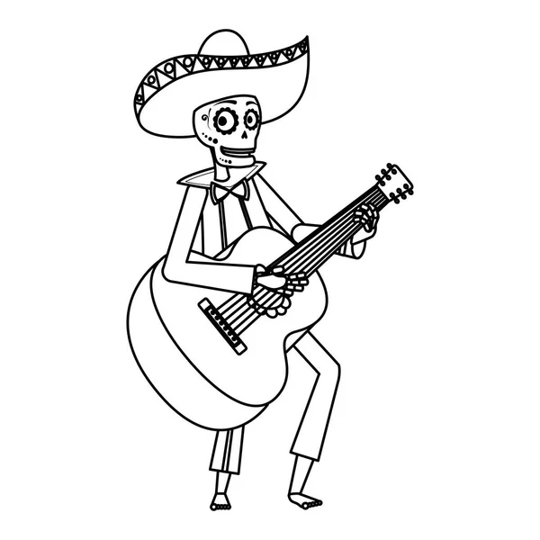 Mariachi crâne jouer de la guitare personnage comique — Image vectorielle