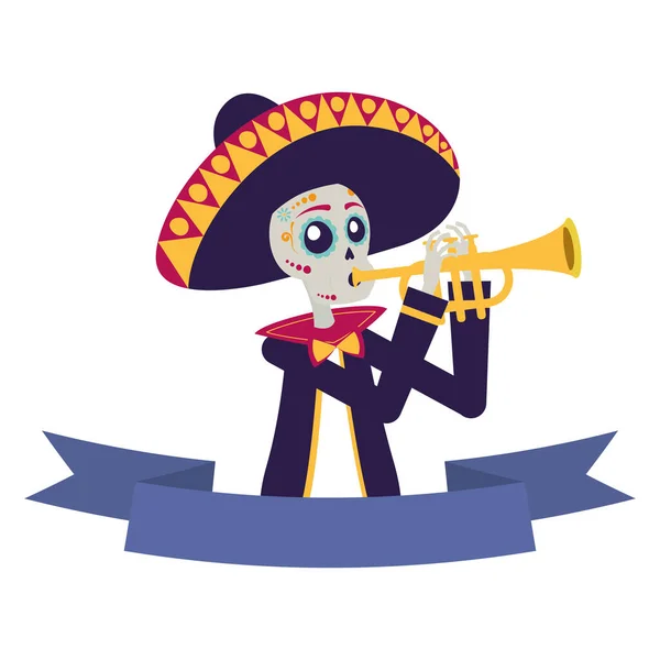 Mariachi crâne jouant trompette personnage comique — Image vectorielle