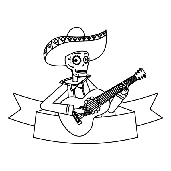 Mariachi-Schädel spielt Gitarre als Comic-Figur — Stockvektor