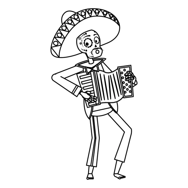Mariachi crâne jouant accordéon caractère comique — Image vectorielle