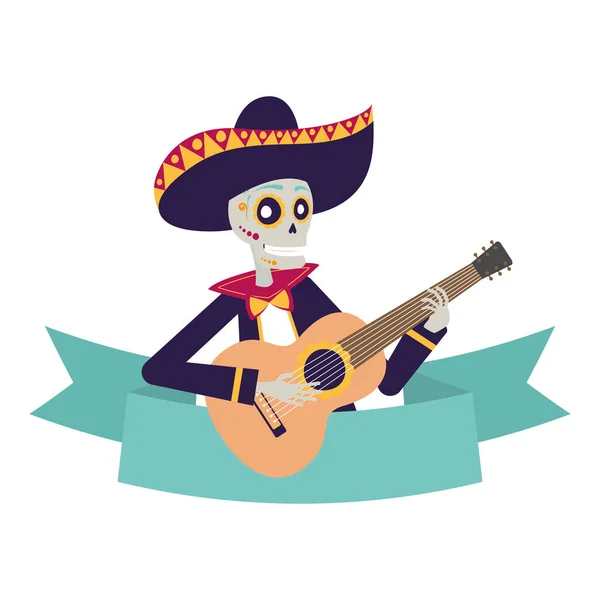 Mariachi cráneo tocando la guitarra personaje cómico — Vector de stock