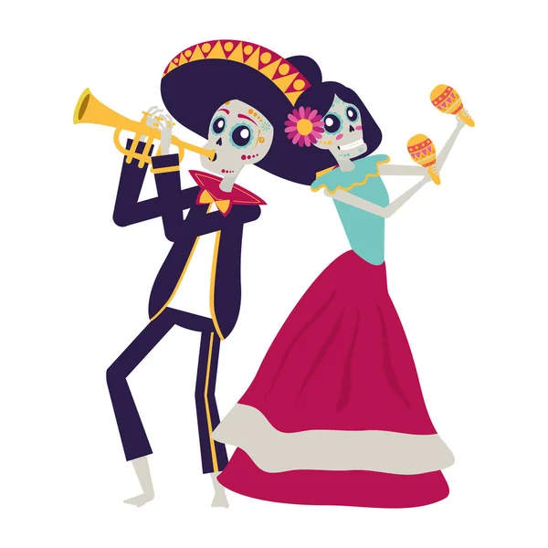Catrina und Mariachi spielen Trompetenfiguren — Stockvektor