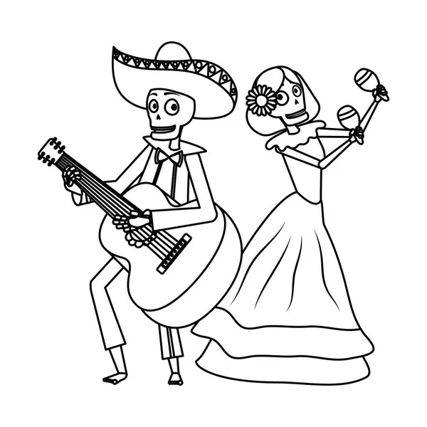 Crânes de catrina et mariachi jouant des maracas et de la guitare — Image vectorielle