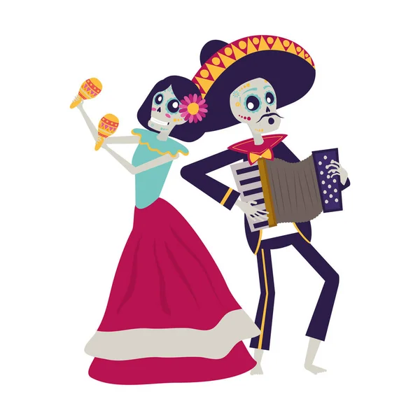 Catrina et mariachi jouant des personnages de couple accordéon — Image vectorielle