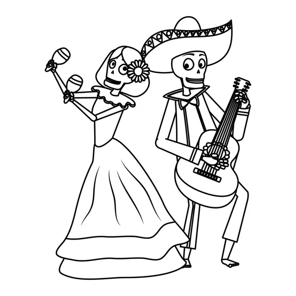 Crânios de catrina e mariachi tocando maracas e guitarra —  Vetores de Stock