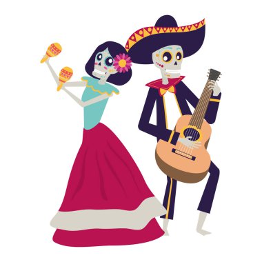 Marakas ve gitar çalan Catrina ve Mariachi kafatasları.