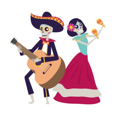 Marakas ve gitar çalan Catrina ve Mariachi kafatasları.