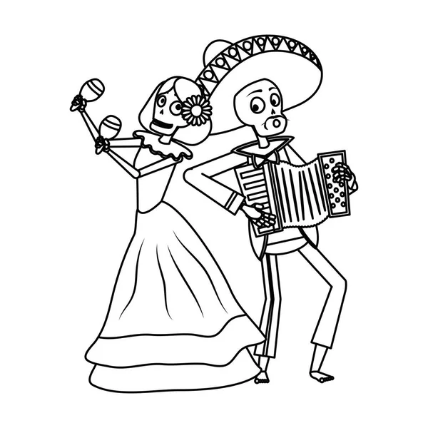 Catrina i mariachi grają na akordeonie kilka postaci — Wektor stockowy
