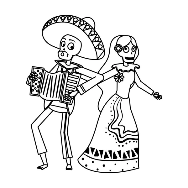 Catrina en mariachi spelen accordeon paar personages — Stockvector