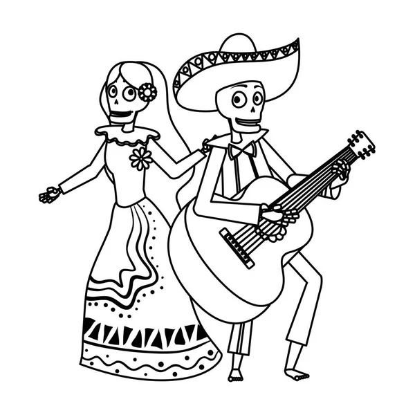 Crânes de catrina et mariachi dansant et jouant de la guitare — Image vectorielle