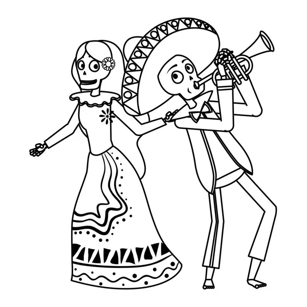 Catrina et mariachi jouant des personnages de trompette — Image vectorielle