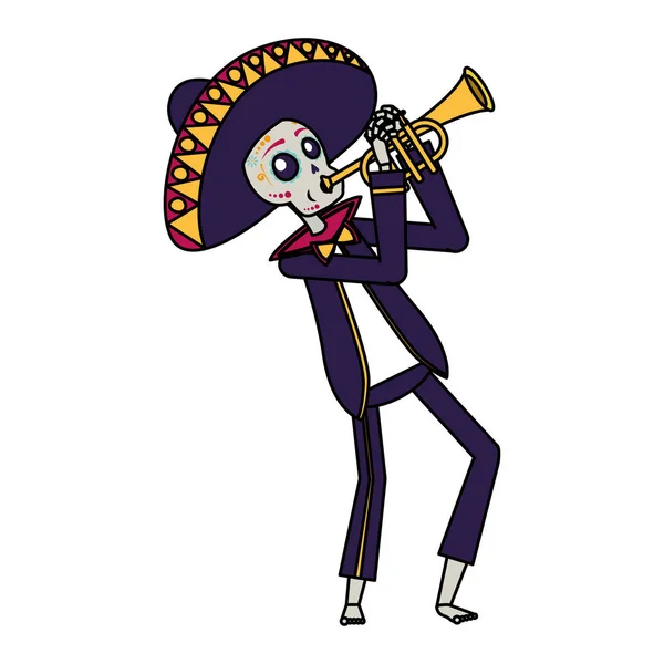 Mariachi crâne jouant trompette personnage comique — Image vectorielle