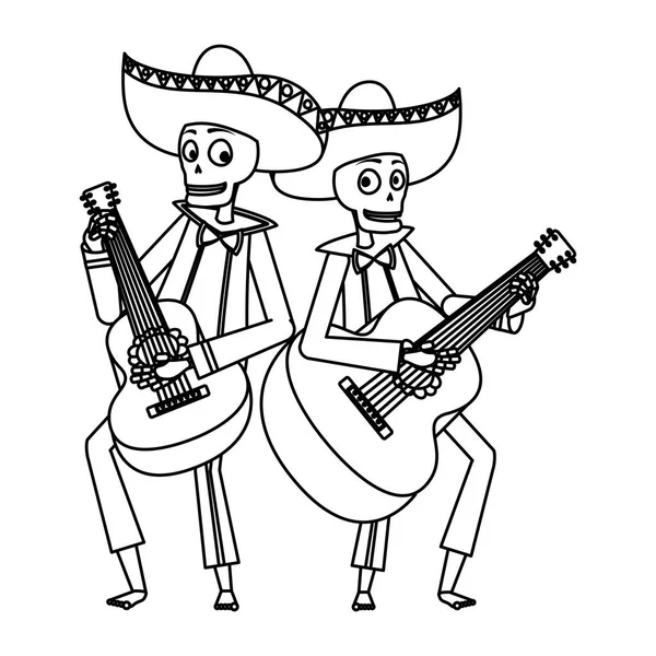 Mariachis mexicains crânes jouant des personnages de guitares — Image vectorielle