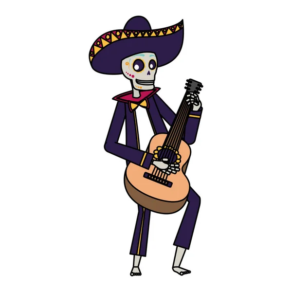 Mariachi crâne jouer de la guitare personnage comique — Image vectorielle