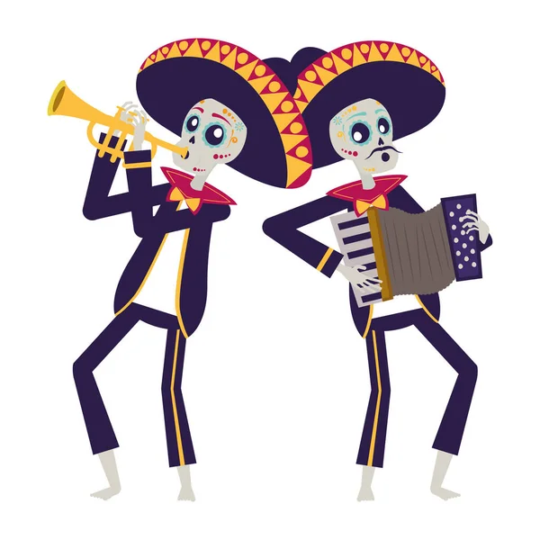 Crânes de mariachis mexicains jouant de la trompette et de l'accordéon — Image vectorielle