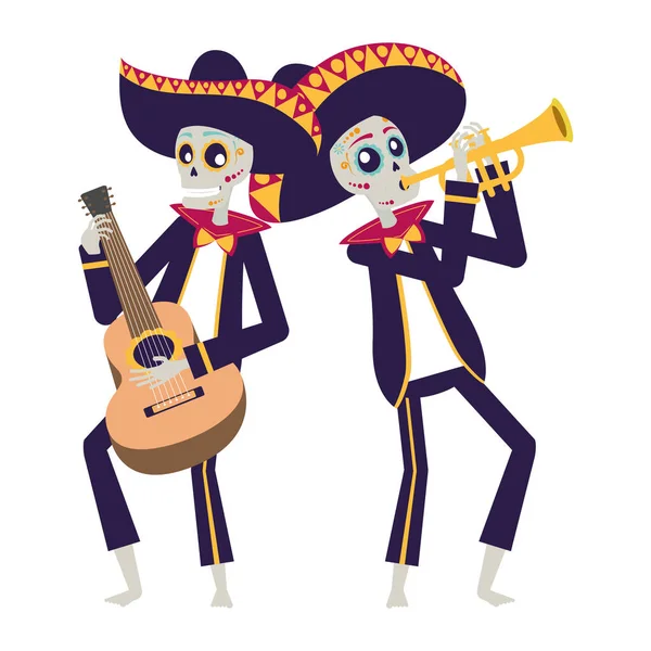 Calaveras mexicanas mariachis tocando la guitarra y la trompeta — Vector de stock