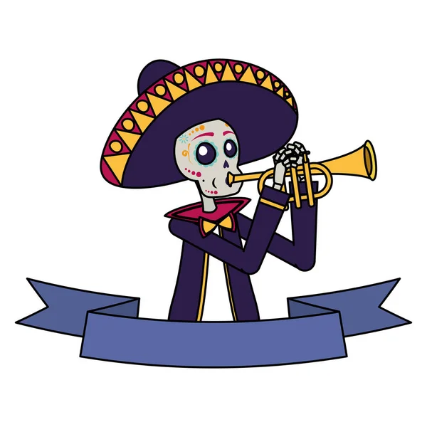 Mariachi crâne jouant trompette personnage comique — Image vectorielle