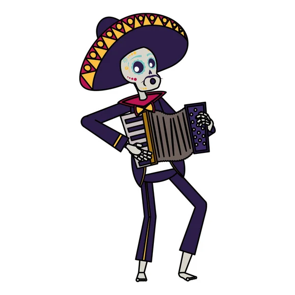 Mariachi crâne jouant accordéon caractère comique — Image vectorielle
