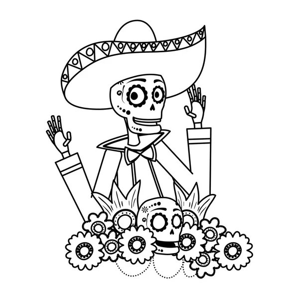 花の装飾漫画のキャラクターとマリアーチの頭蓋骨 — ストックベクタ