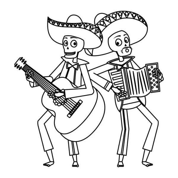 Crânios de mariachis mexicanos tocando guitarra e acordeão —  Vetores de Stock