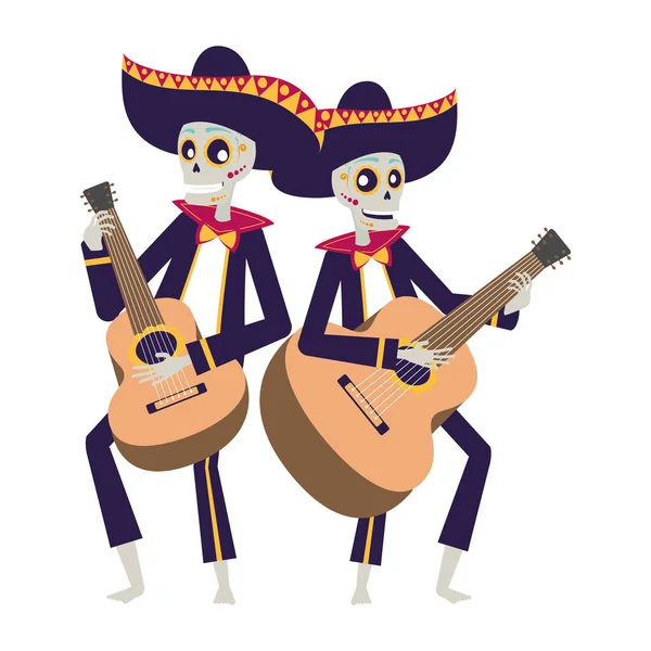 Calaveras mexicanas mariachis tocando guitarras personajes — Vector de stock