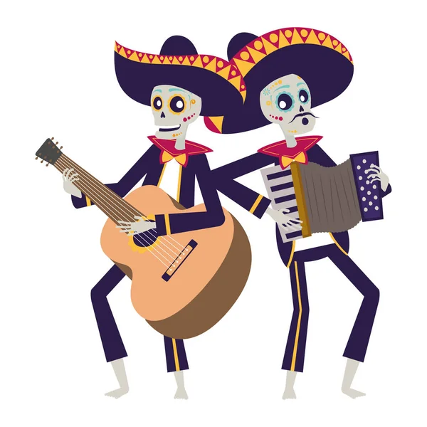 Mexican mariachis skulls playing guitar and accordion — Stock Vector