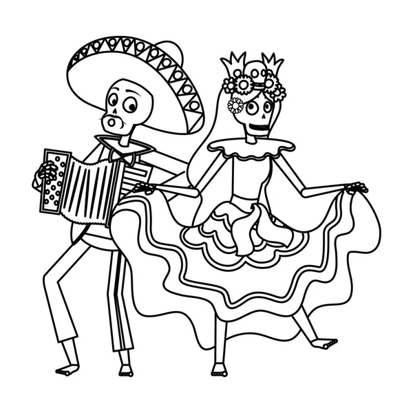 Catrina e mariachi jogando acordeão casal personagens —  Vetores de Stock