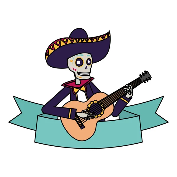 Mariachi crâne jouer de la guitare personnage comique — Image vectorielle