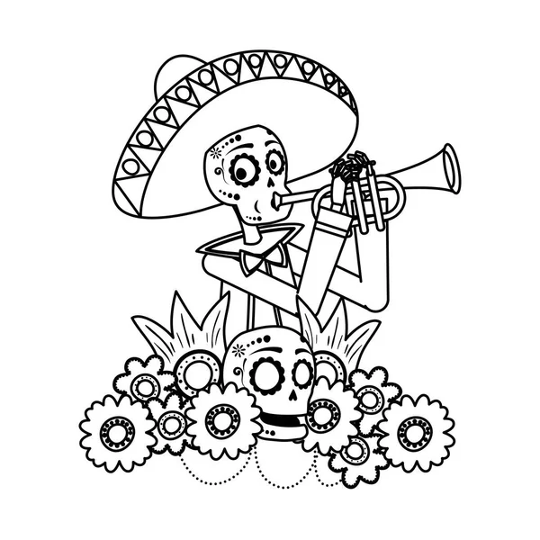 Mariachi skull playing trumpet comic character — Stock Vector