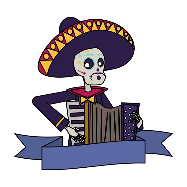 Mariachi skull playing accordion comic character — Stock Vector