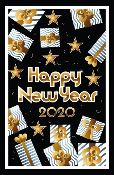 Happy new year 2020 celebration label with gifts — Stock Vector