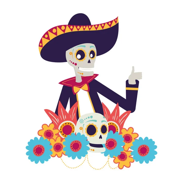 Mariachi skull with floral decoration comic character — Stock Vector